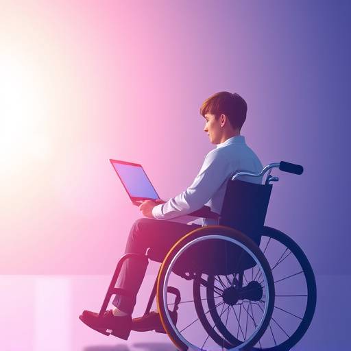 Illustratie van een persoon in een rolstoel die een website gebruikt op een laptop, symboliseert digitale toegankelijkheid.