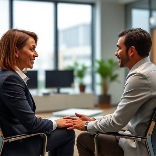 Twee personen die een oefen sollicitatiegesprek voeren in een kantooromgeving